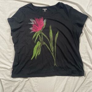 Breckenridge Black Tee with Pink and Green Floral Design